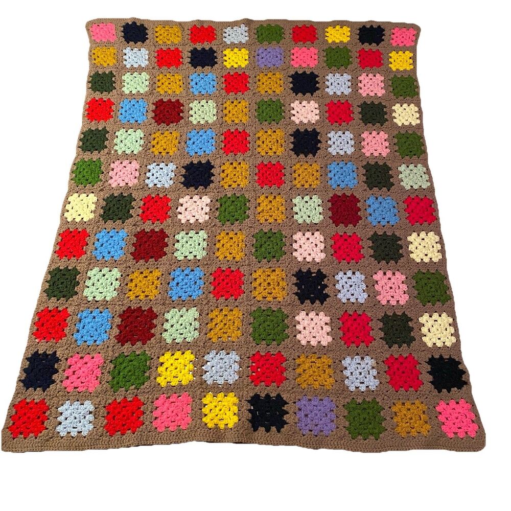 Vtg Handmade Granny Square Afghan Crochet Throw Blanket Brown Multi 59” x 47”